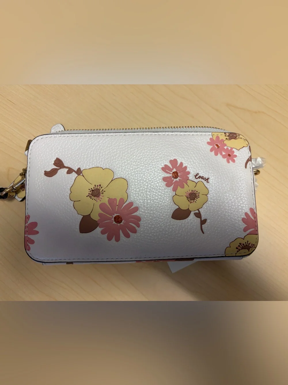 Coach White Floral Zip Wristlet with Pink & Yellow Blooms